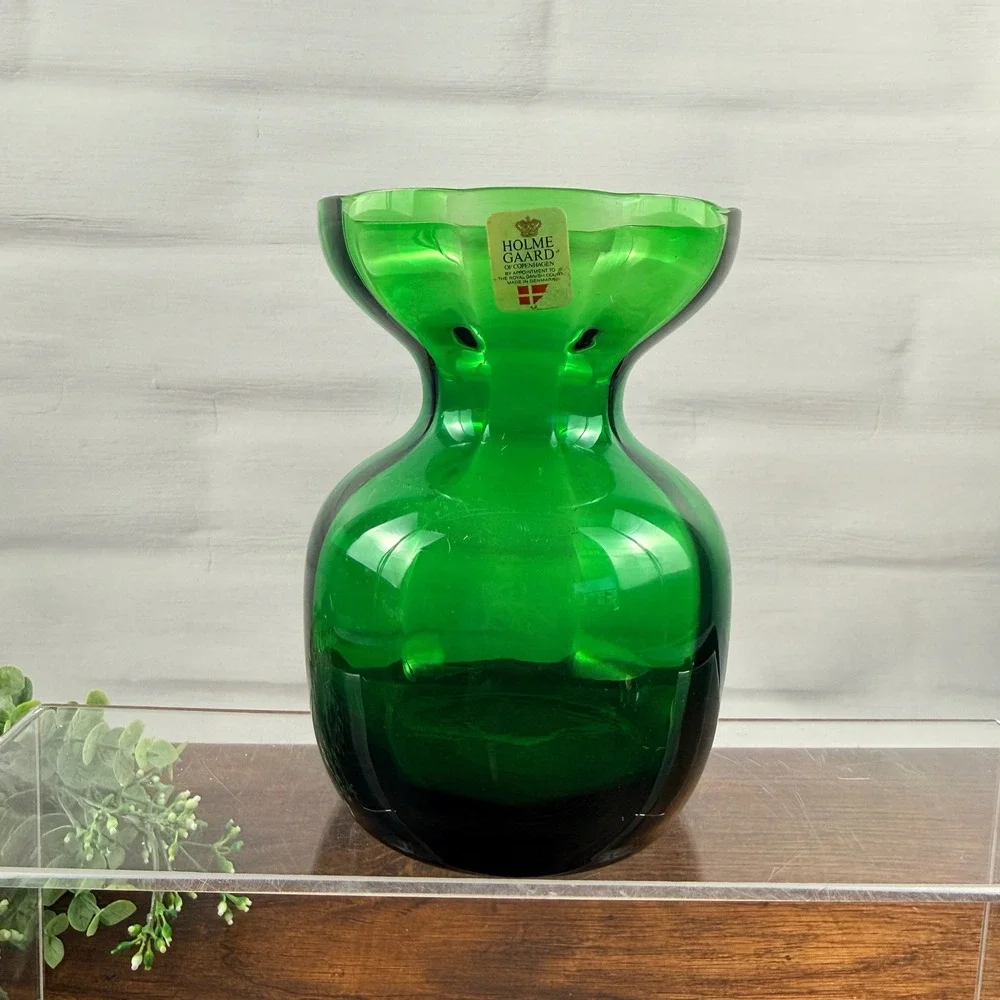 Holmegaard Denmark Emerald Green Art Glass Vase w/ Original Label Vintage